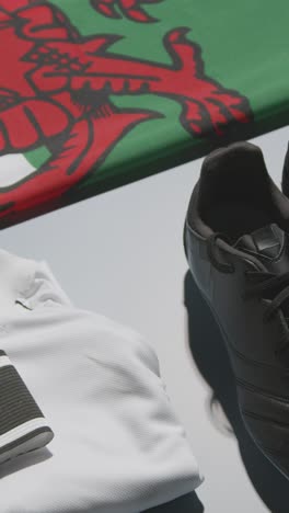 Vertical-Video-Studio-Still-Life-Shot-Of-Football-Soccer-Boots-Welsh-Flag-Shirt-And-Shorts-And-Captains-Armband-